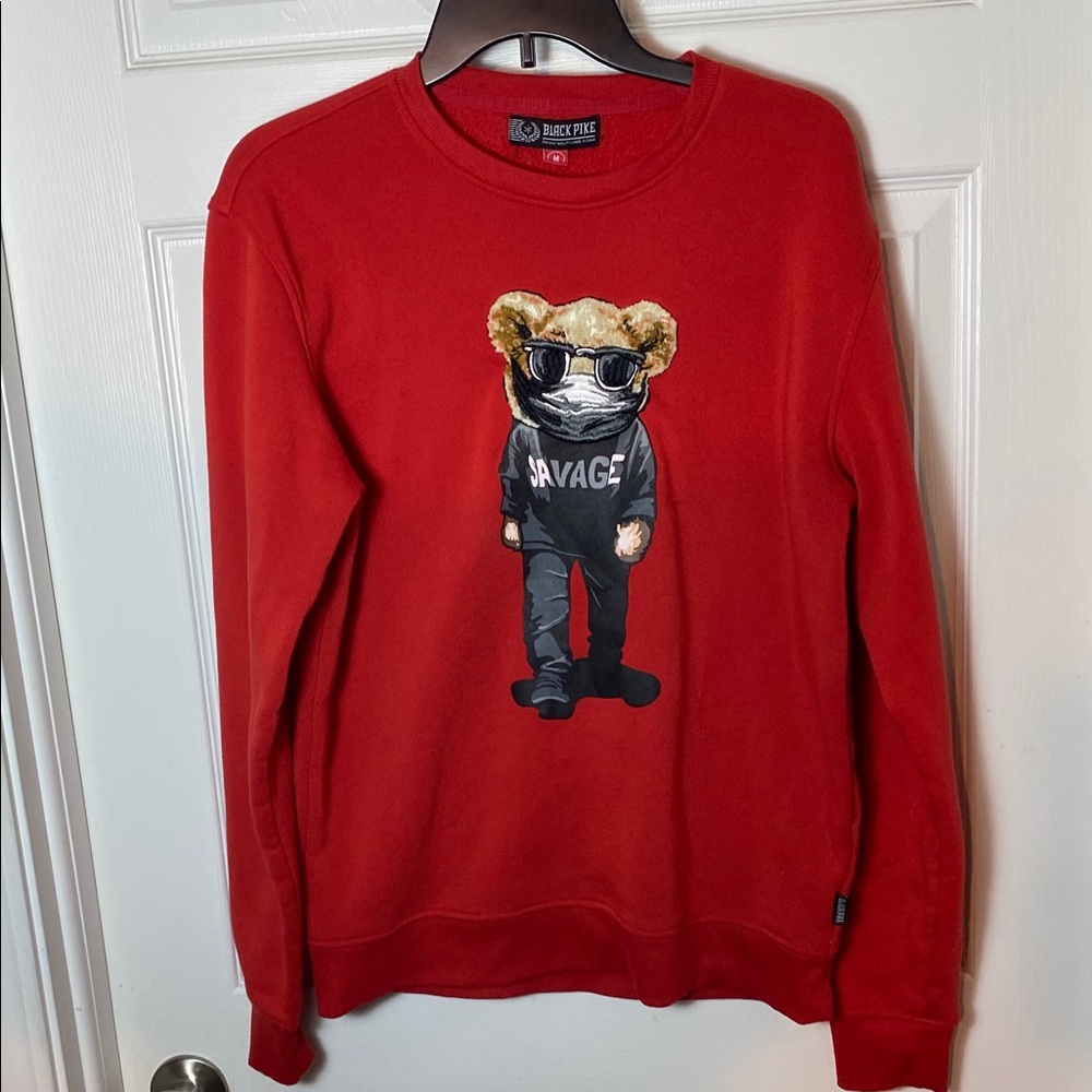 Black Pike Red Crewneck Sweater with Savage Bear Graphic Size M - Picture 4 of 8